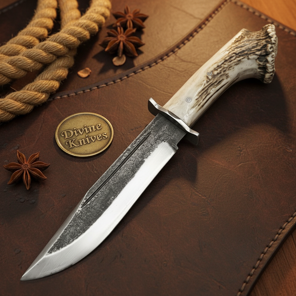Crown Stag Hammered Crossguard Bowie Knife with Natural Antler Handle