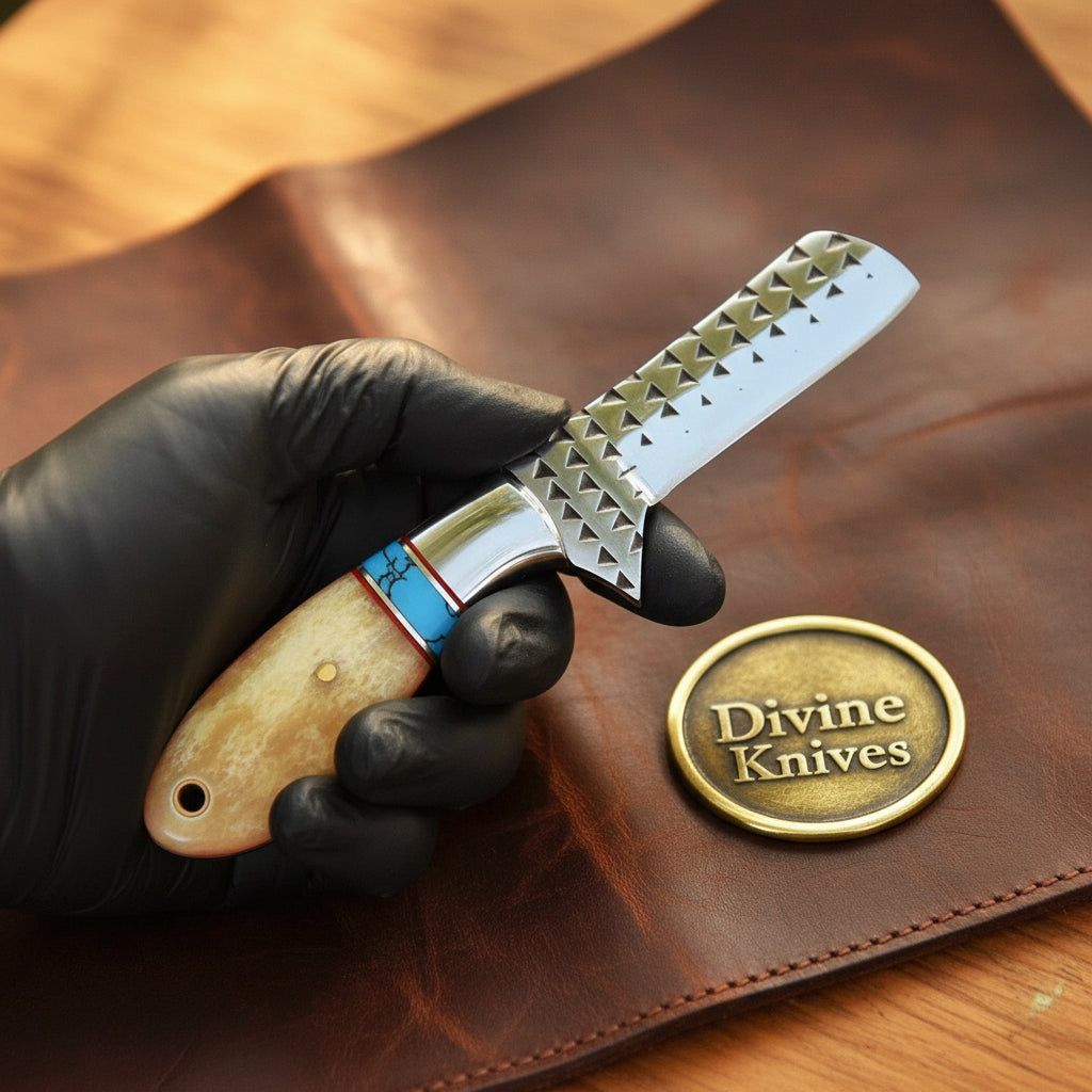 Turquoise & Bone Rasp Bull Cutter Knife with Tooled Leather Sheath