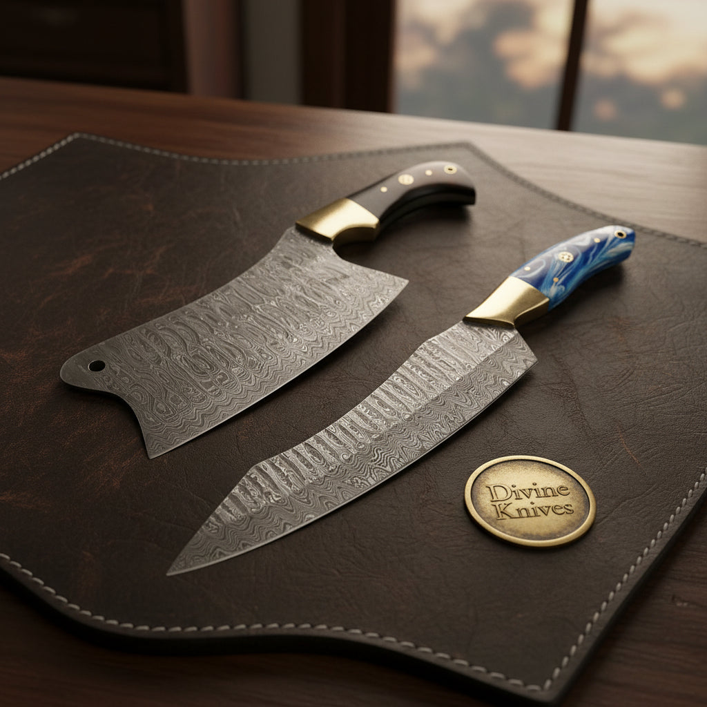 Cleaver and Chef Knife Duo with Brass Bolsters and Horn and Blue Resin Handles
