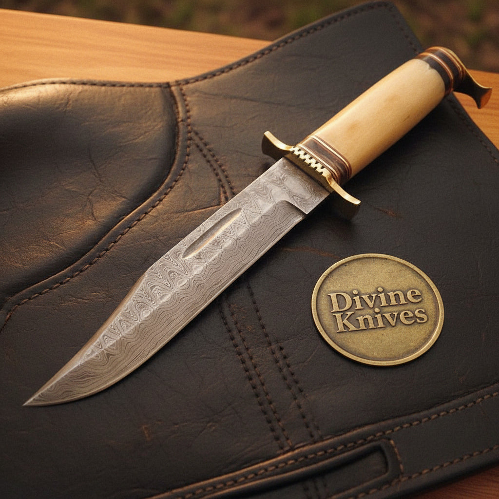 Fileworked Spine Bowie Knife with White Bone Handle and Solid Brass Guard and Pommel