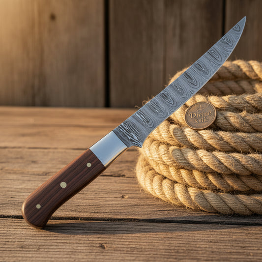 Rosewood Damascus Fillet Knife with Flexible Raindrop Damascus Blade