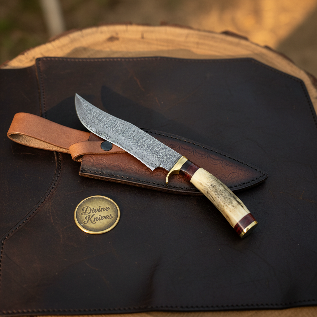Trailing Point Hunter Knife with Stag Horn Handle and Hand Forged Patterned Blade