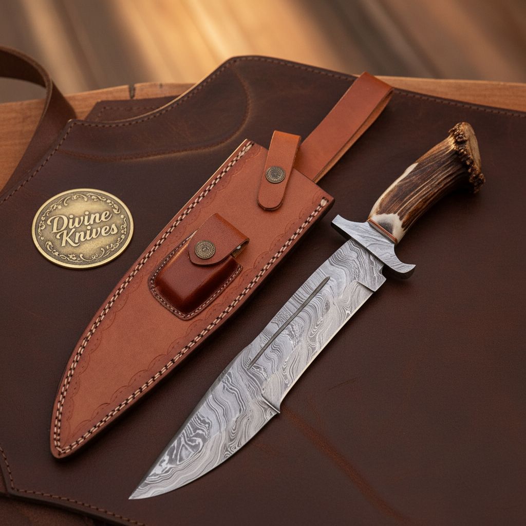 Crown Stag Damascus Bowie Rambo Knife with Natural Crown Stag Handle
