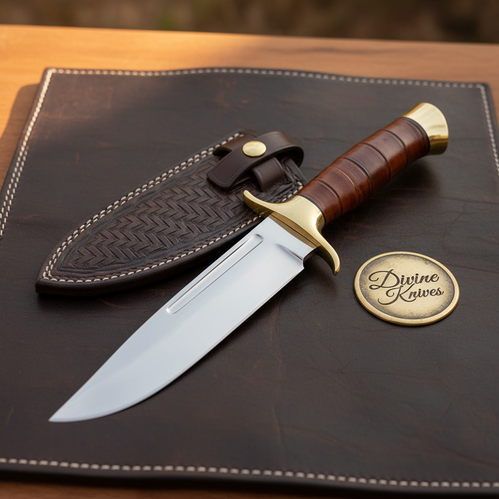 Leather Washer Handle Bowie Knife with Fullered Clip Point Blade and Herringbone Sheath