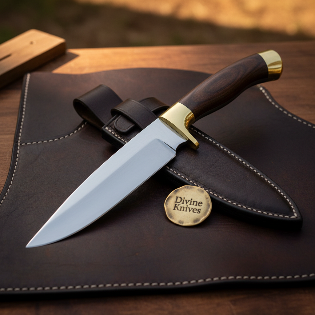 Rosewood Handle Spear Point Bowie Knife with Brass Guard and Butt Cap