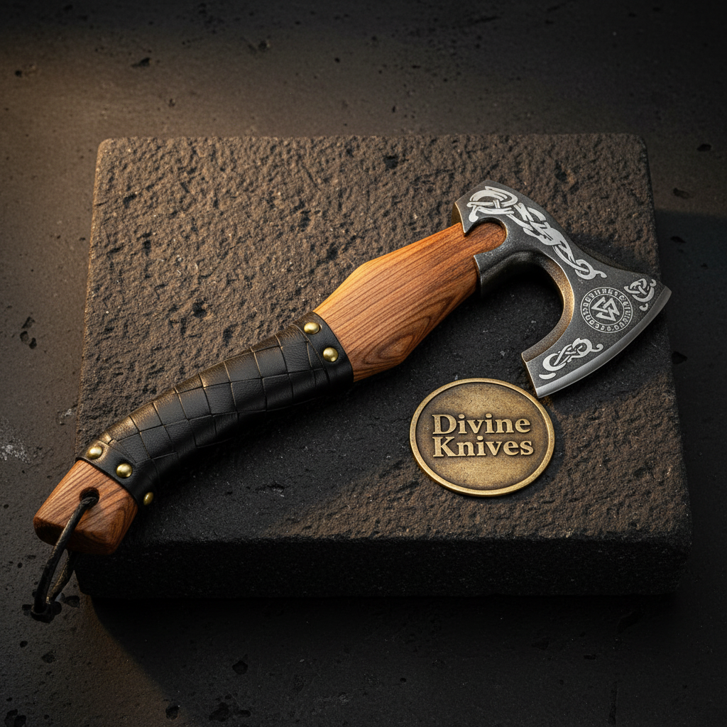 Valknut Viking Axe — Hand-Forged Hatchet with Leather-Wrapped Handle