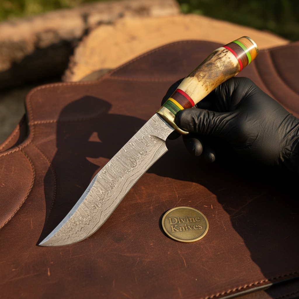 Antler Damascus Clip Point Bowie with Colorful Rings Handle