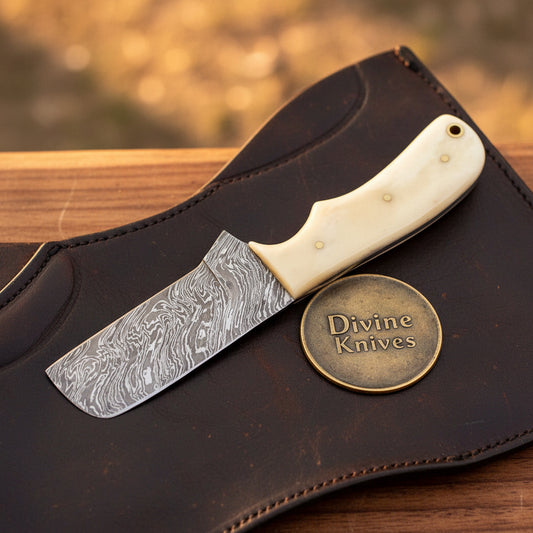 Damascus Camel Bone Tanto Bull Cutter with a Sharp Angular Point