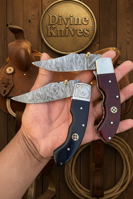 Ironhide Twin Damascus Folder Set with Navy and Burgundy Handles