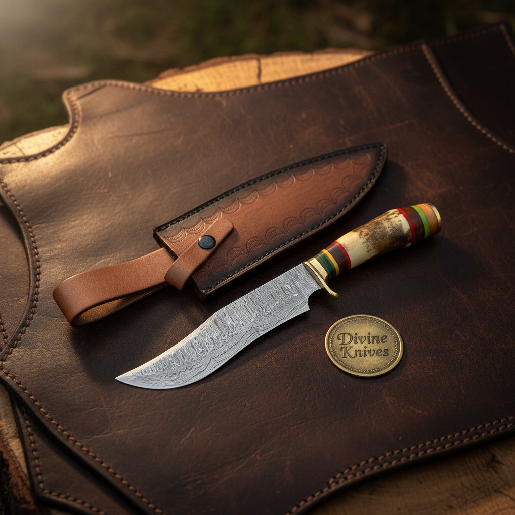 Antler Damascus Clip Point Bowie with Colorful Rings Handle