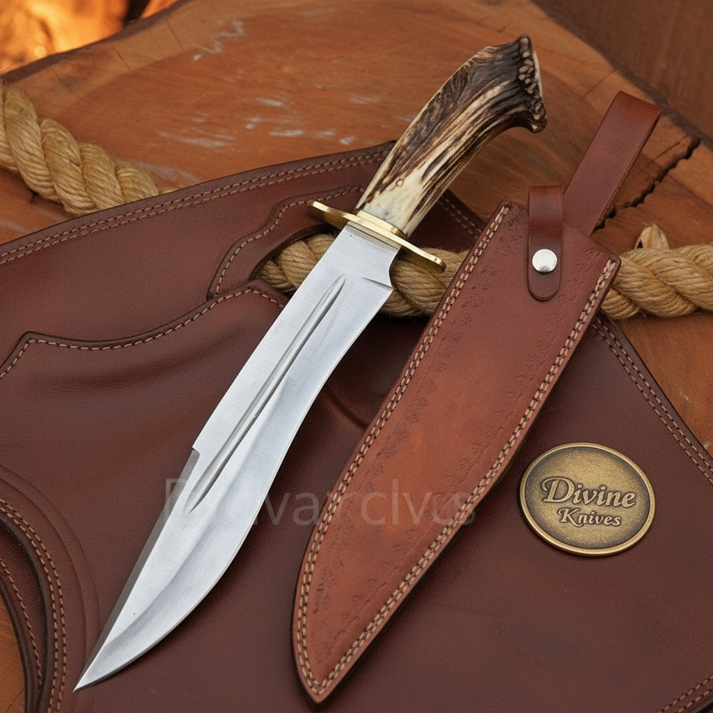 Antler Crown Clip-Point Rambo Bowie with Polished Blade
