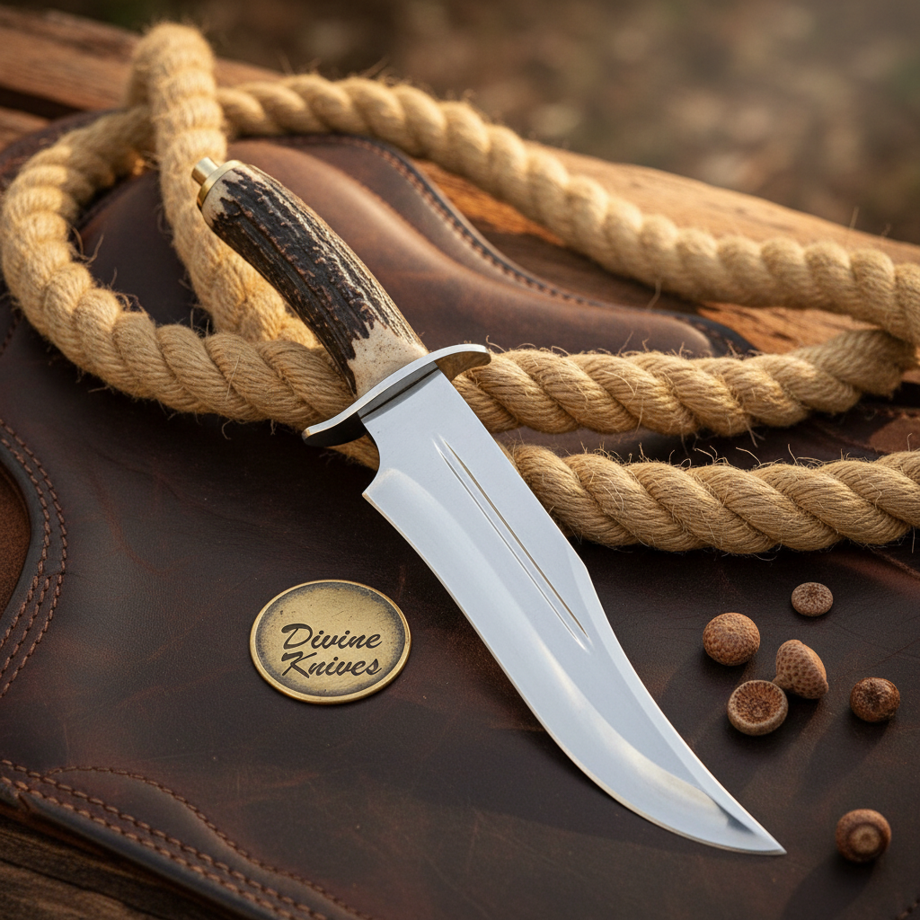 Antler D2 Steel Western Bowie Knife with Natural Antler Handle