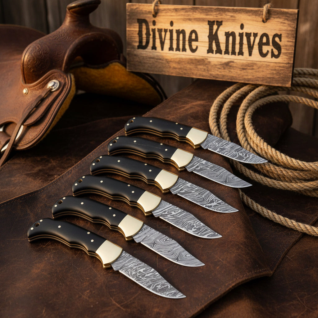 Ebony Cap Lockback Set with Six Matched Damascus Folders