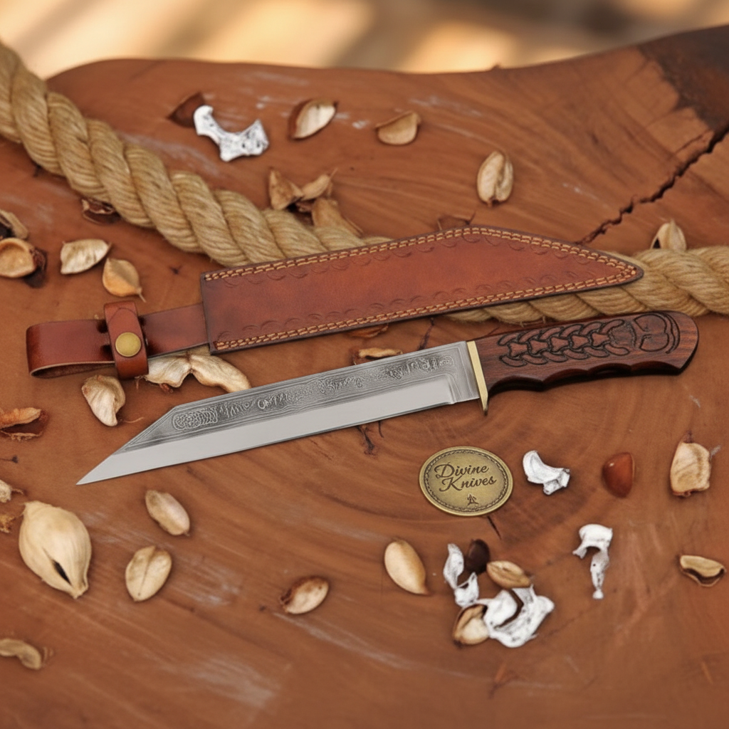 Engraved Rosewood Seax Knife with Long Tanto Style Blade and Hand Tooled Sheath