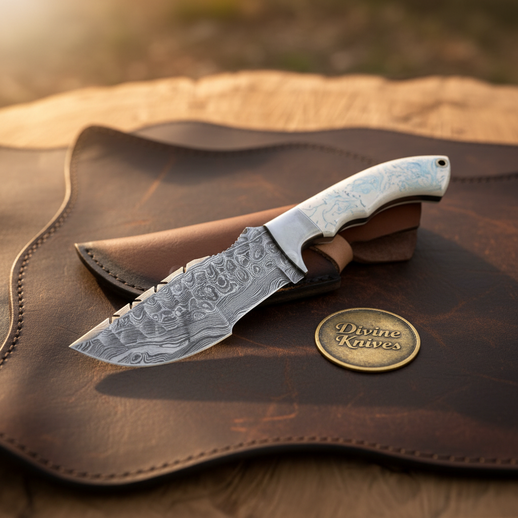 White Resin Tom Brown Tracker Knife with Damascus Blade