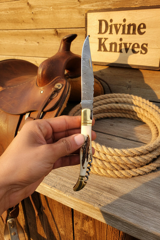 Laguiole StagHorn Pocket Knife with Forged Damascus Blade
