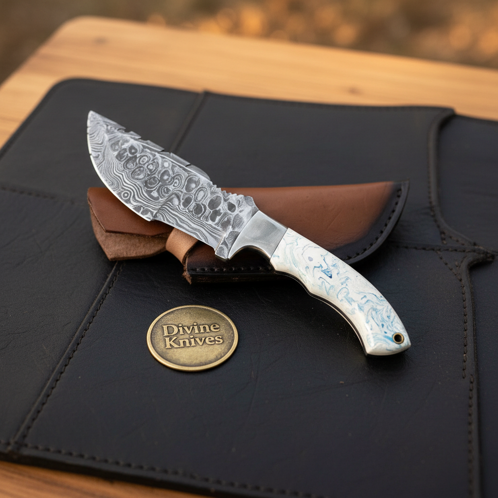 White Resin Tom Brown Tracker Knife with Damascus Blade