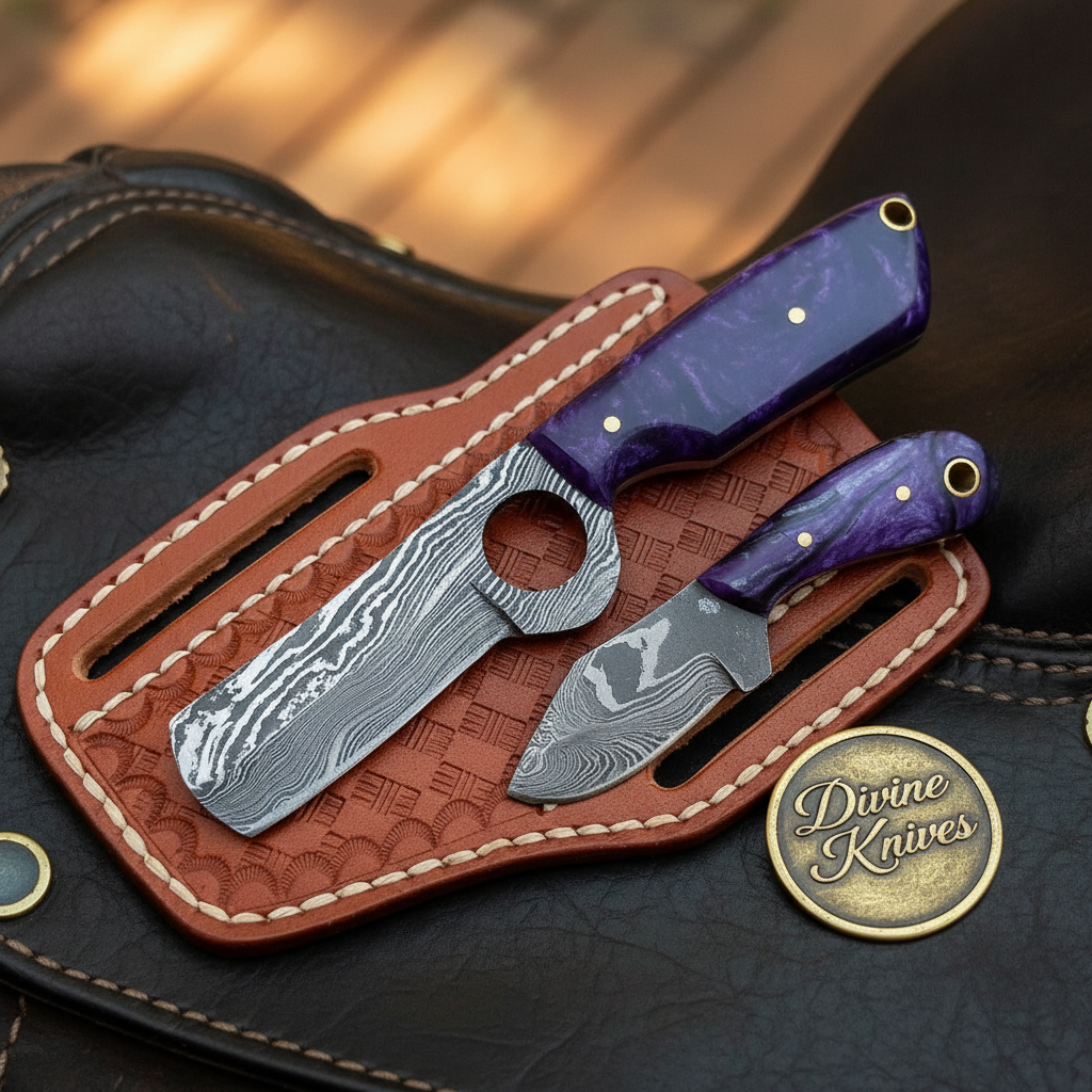Loop Hole Purple Resin Bull Cutter & Skinner Set with Tooled Leather Sheath