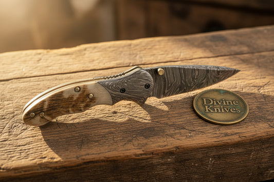 Horn Ridge Pocket Knife with Wood Grain Damascus Blade