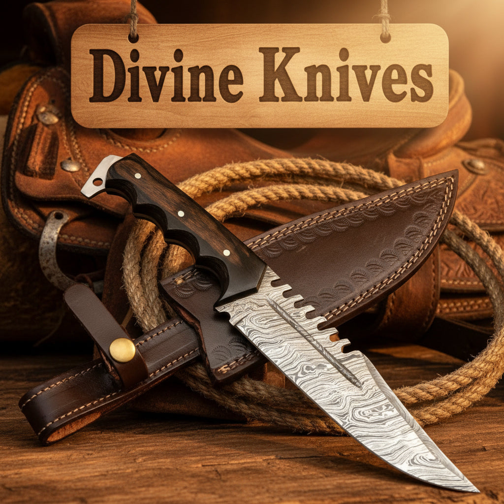 Damascus Sawback Bowie Hunter with Finger Choil