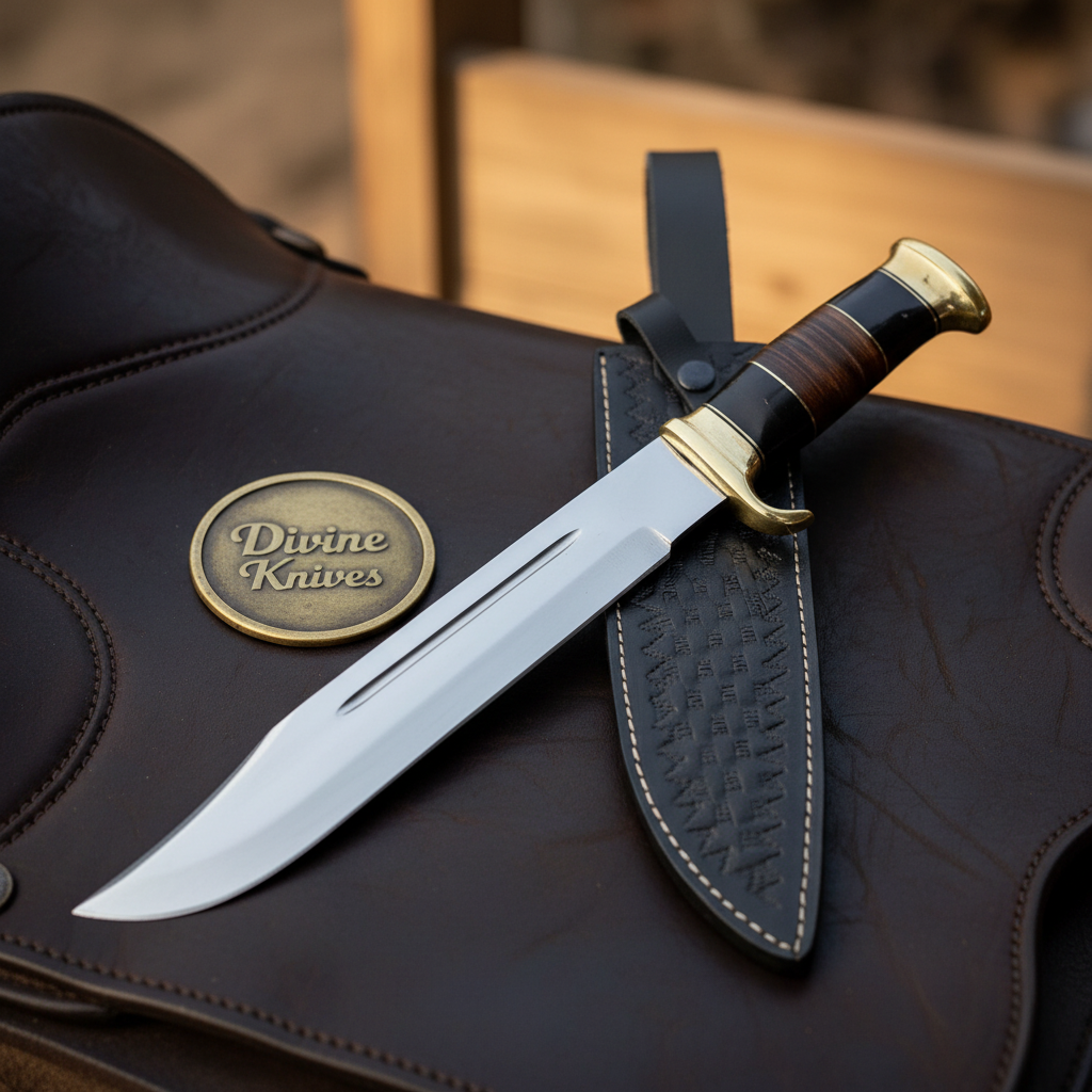 Stacked Leather Handle Bowie Knife with Fullered Mirror Blade and Black Tooled Sheath