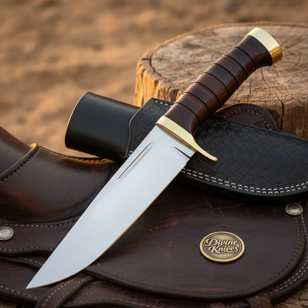 Stacked Leather Grip Camp Bowie Knife with Contoured Black Pommel and Basketweave Sheath