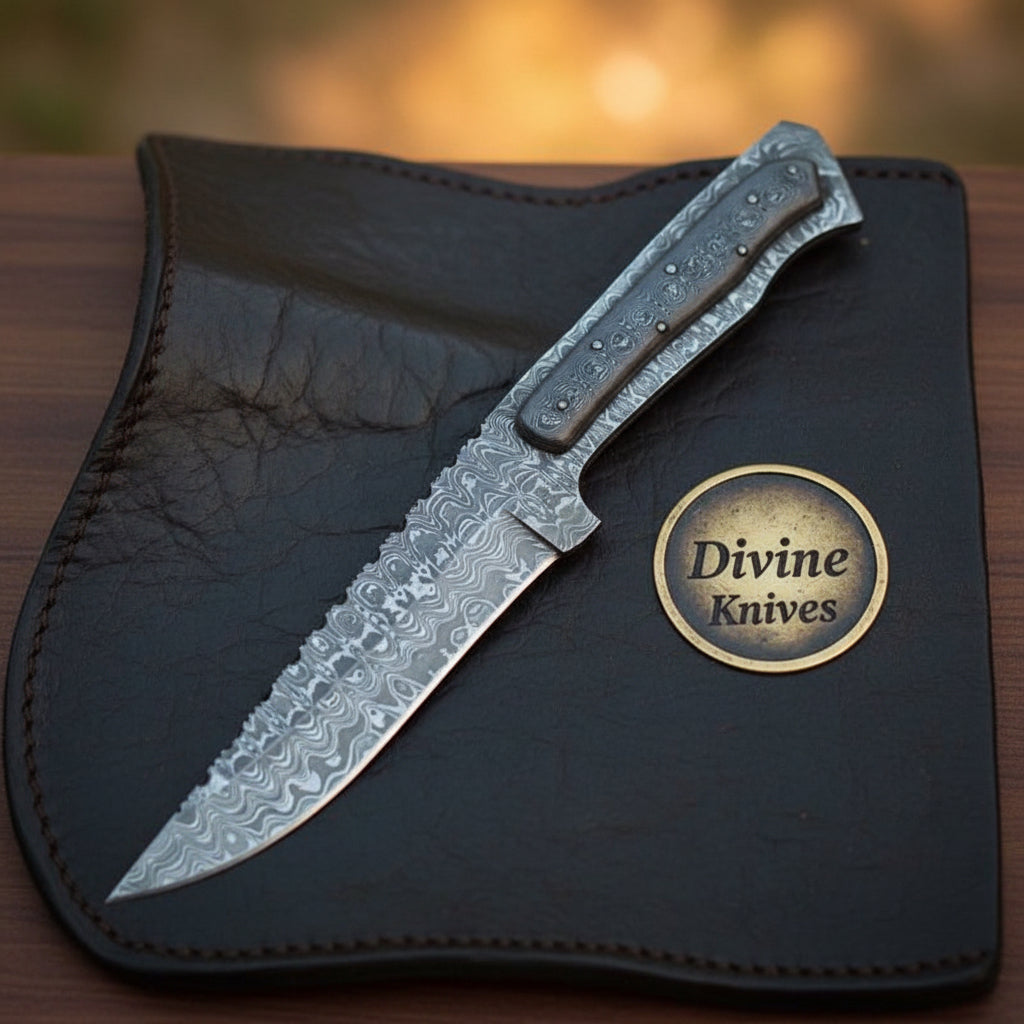 Integral Damascus Drop Point Knife with Dark Scales for Field Use