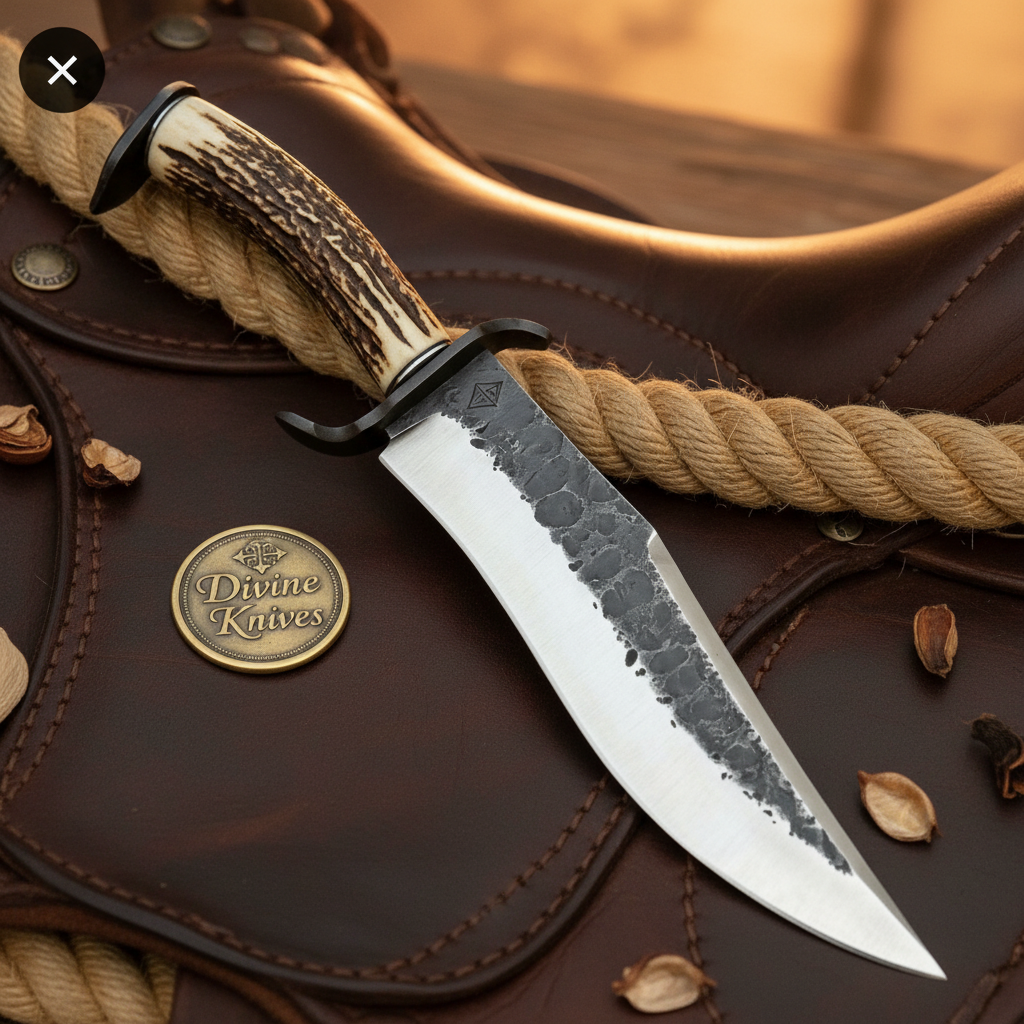 Hammered Coffin Antler Clip-Point Bowie with Angular Grip