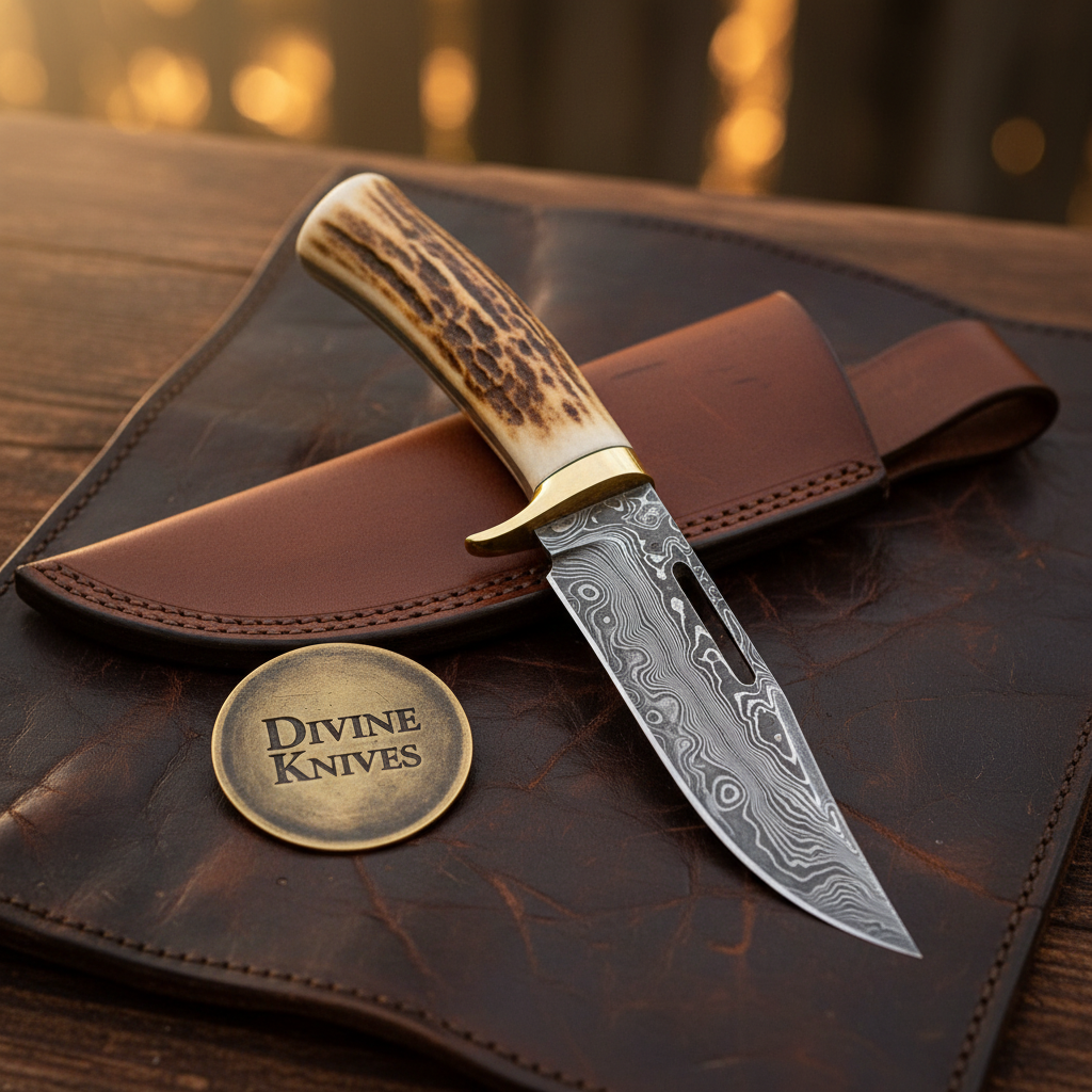 Stag Antler Skinning Knife with Hand Forged Curved Blade & Leather Belt Sheath