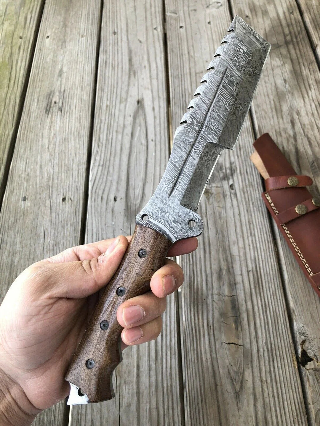 Sawback Reverse Tanto Knife with Twist Pattern Blade & Walnut Handle