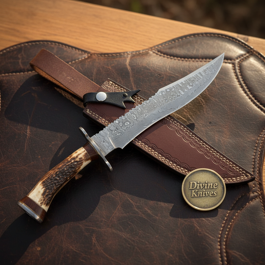 Antler Segmented Damascus Hunting Bowie with Notched Spine