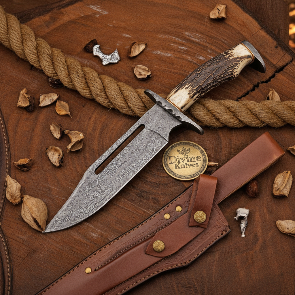 Staghorn Damascus Rambo Bowie with Dual Slots for Heavy Field Work