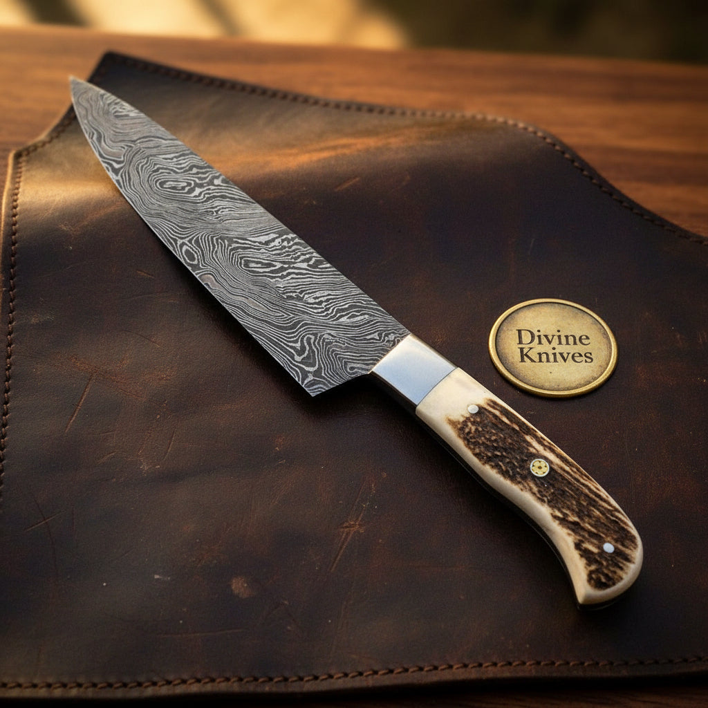 Stag Handle Chef Knife with Polished Steel Bolster and Hand Forged Layered Blade