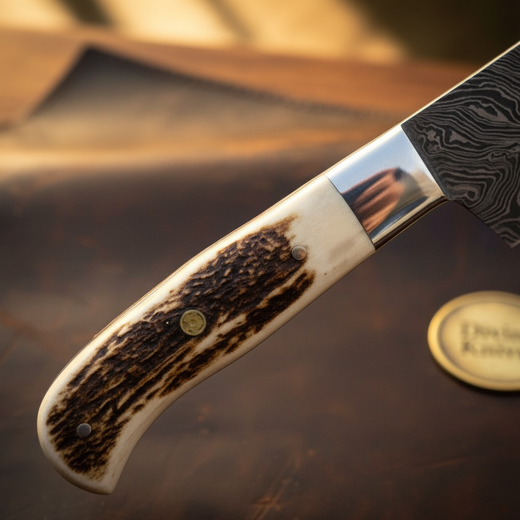 Stag Handle Chef Knife with Polished Steel Bolster and Hand Forged Layered Blade