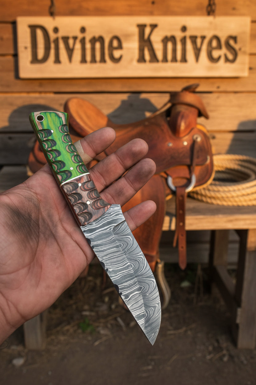 Damascus Exotic Green Hunter with Green and Brown Handle