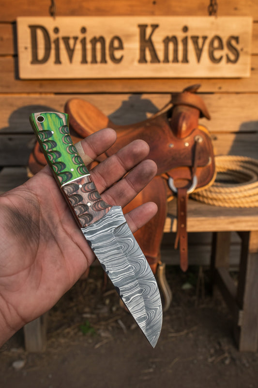 Damascus Exotic Green Hunter with Green and Brown Handle