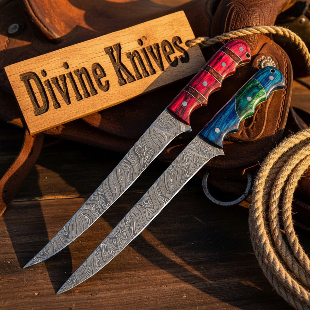 Pakkawood Damascus Fillet Duo with Matching Contoured Handles