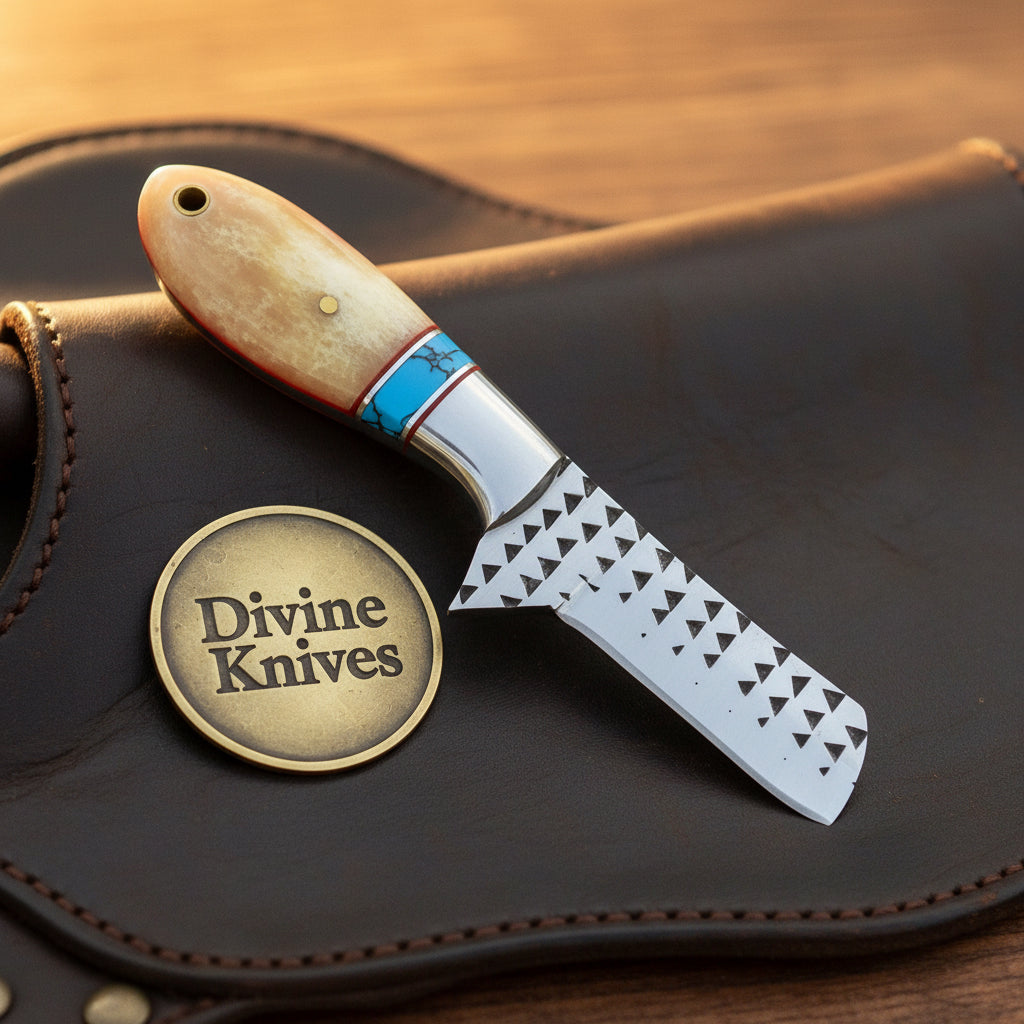 Turquoise & Bone Rasp Bull Cutter Knife with Tooled Leather Sheath