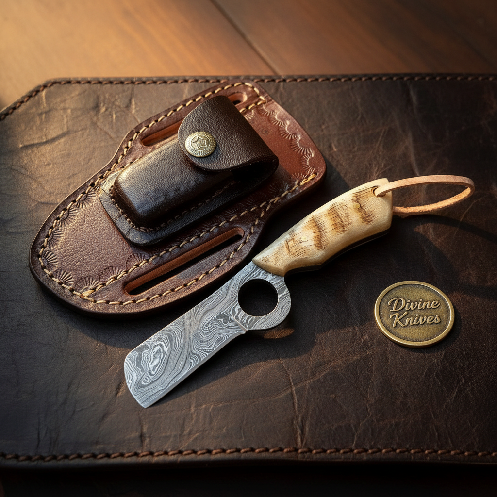 Loop Hole Ram Horn Damascus Bull Cutter with  Compact Layered Blade