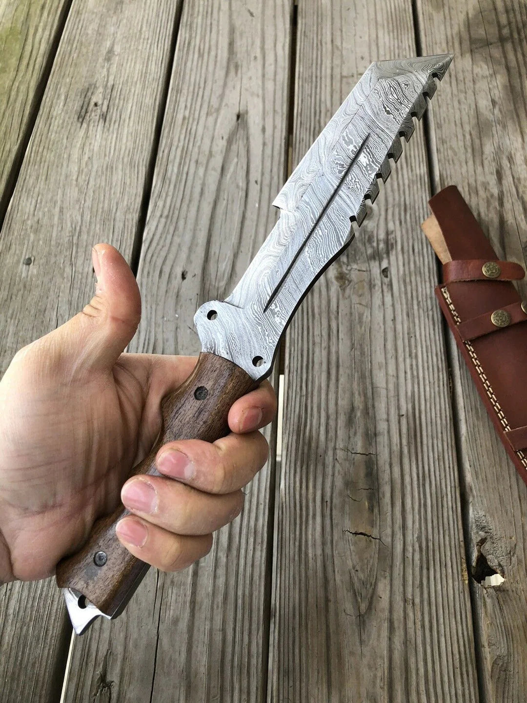 Sawback Reverse Tanto Knife with Twist Pattern Blade & Walnut Handle
