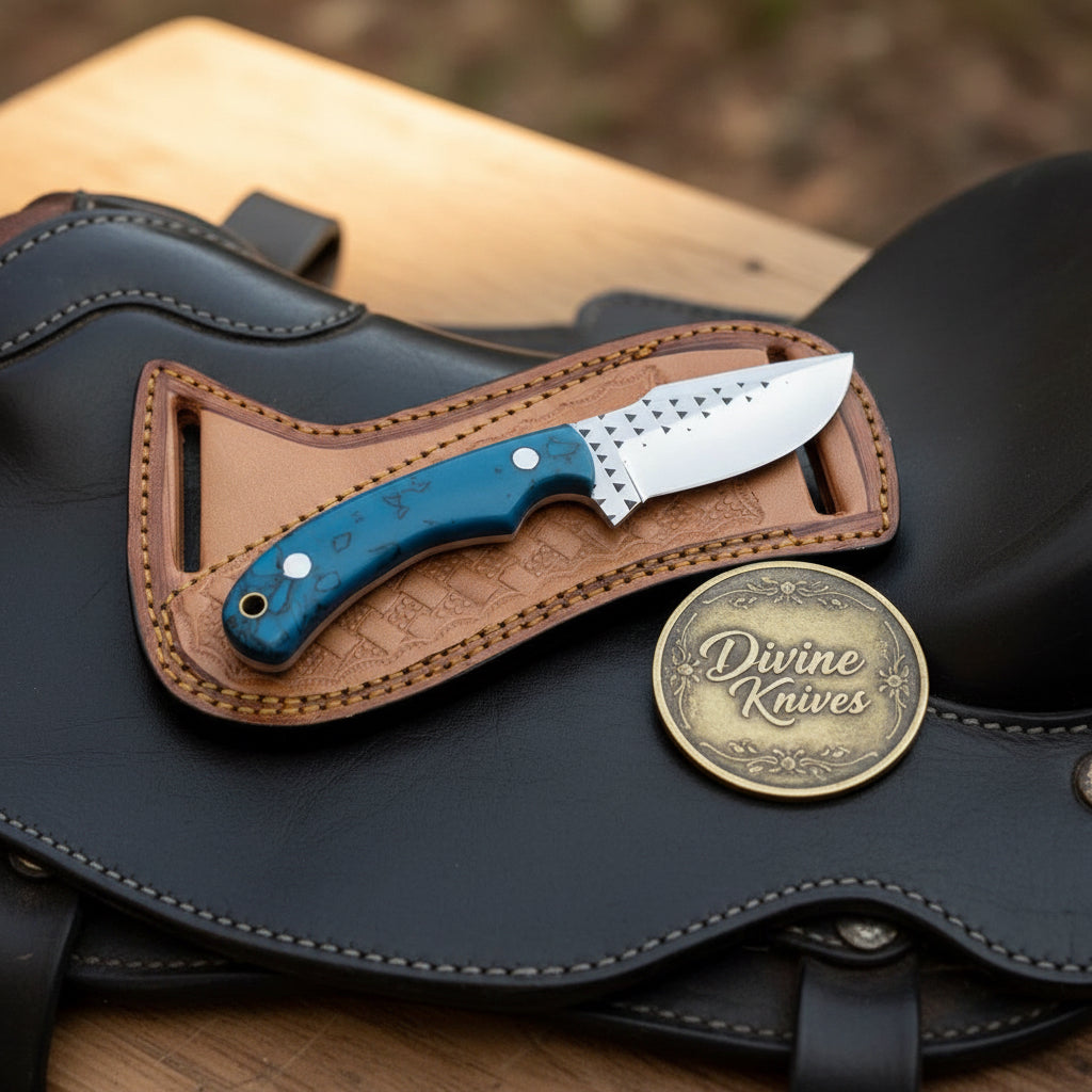 Turquoise Marble Rasp Cowboy Knife with Curved Rasp-Style Blade