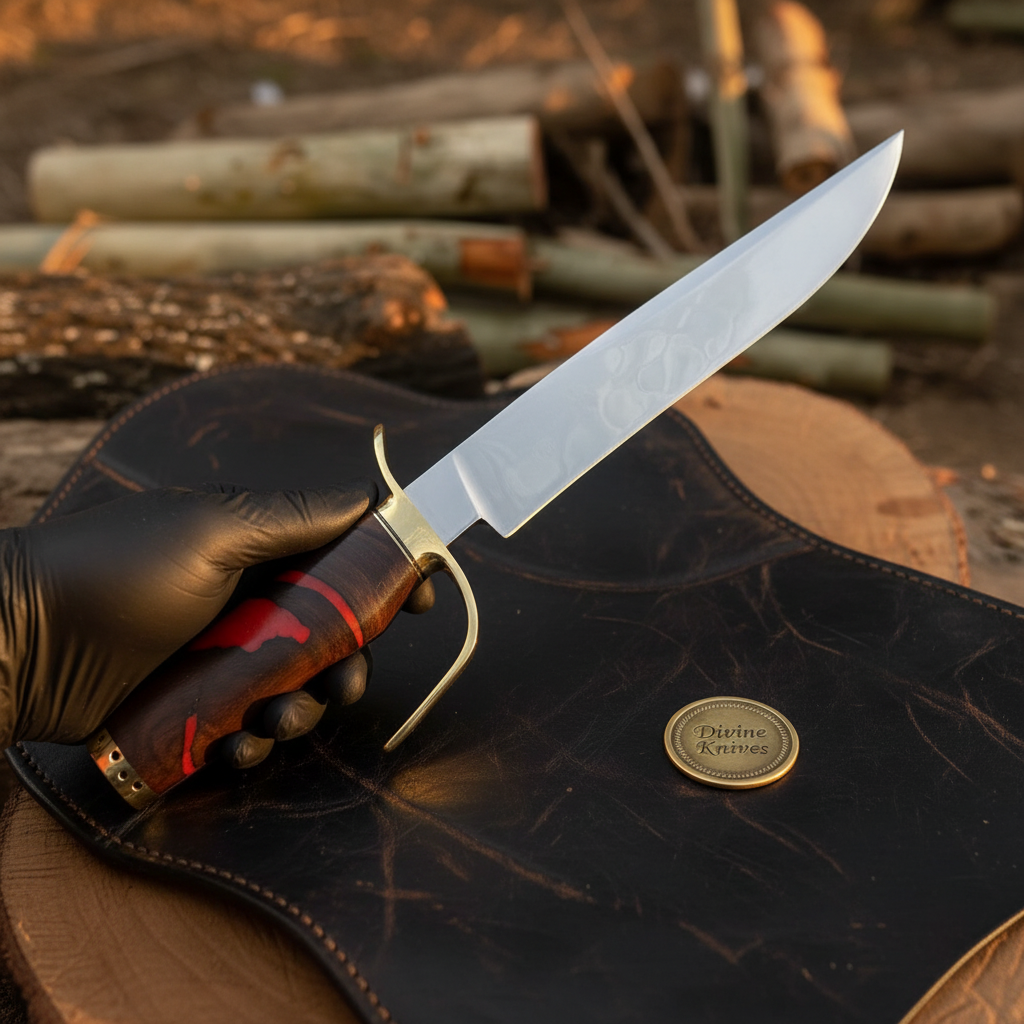 Red Micarta Handle Bowie Knife with Polished Drop Point Blade and Tooled Black Sheath