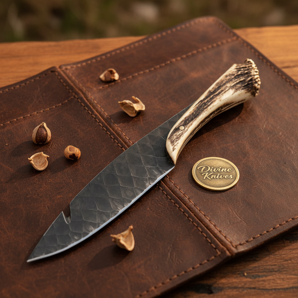 Hand Forged Field Dressing Knife with Blackened Carbon Steel Blade and Stag Crown Grip