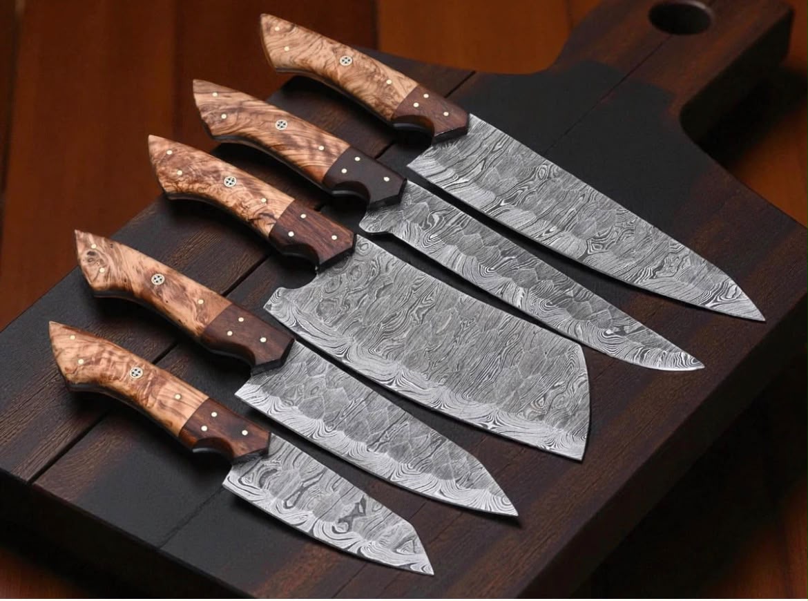 Damascus Hunter's Kitchen Set with Burl Wood Handles