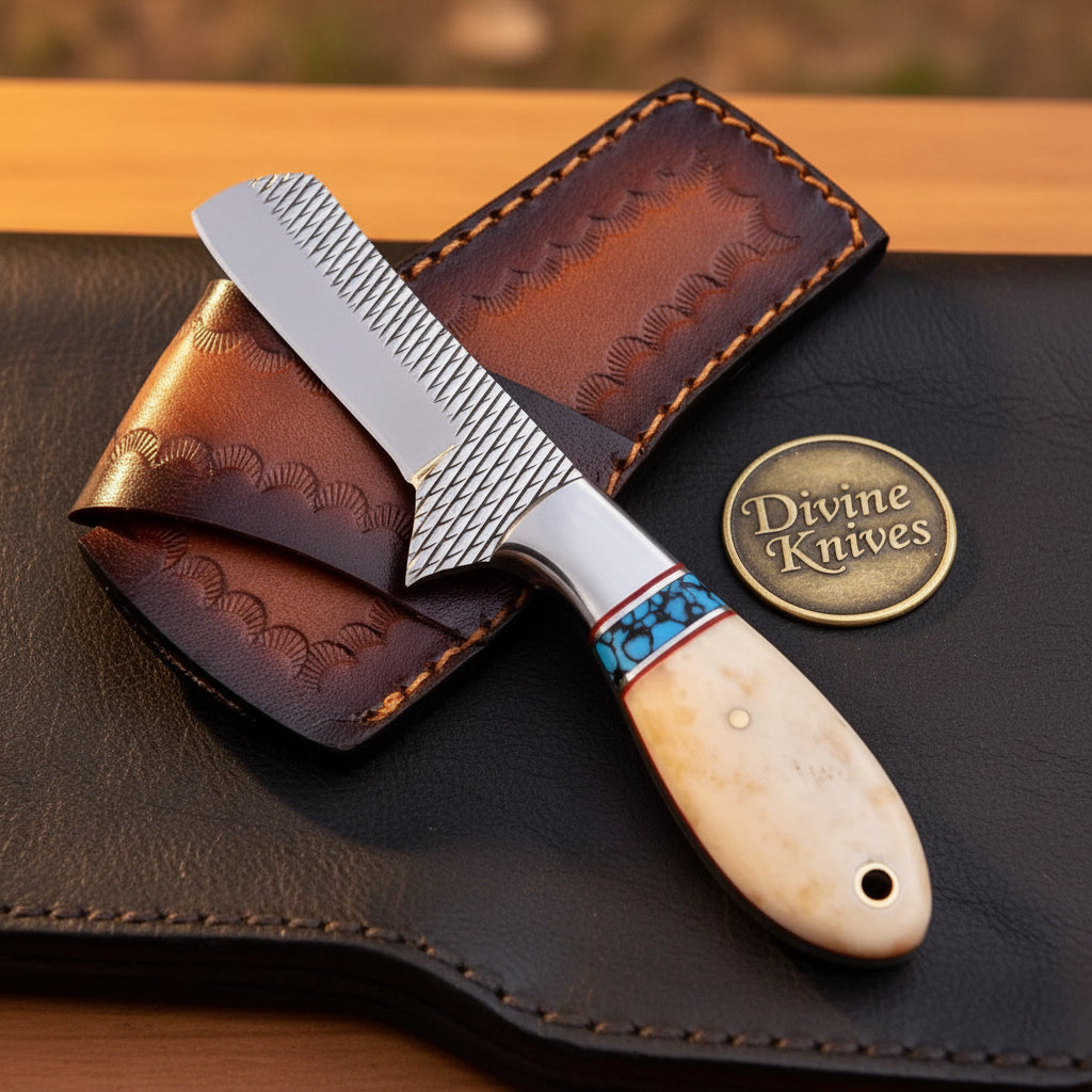 Turquoise & Bone Rasp Bull Cutter Knife with Tooled Leather Sheath