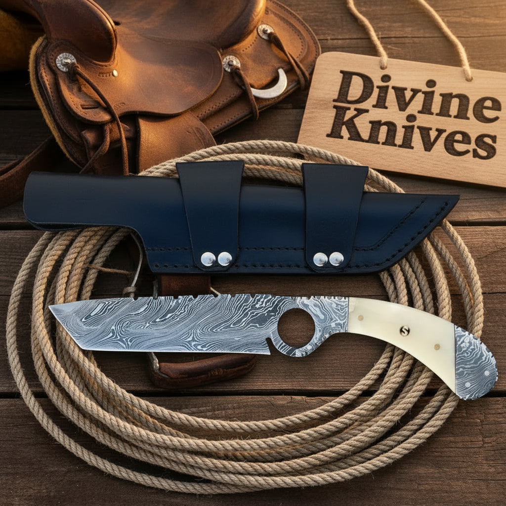 Damascus Bone Finger Hole Mini Cleaver with Damascus Blade