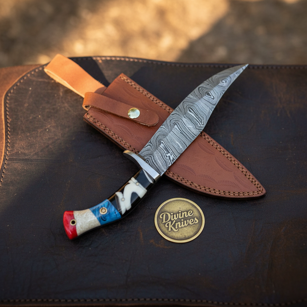 Colored Resin Handle Bowie Knife with Hand Forged Clip Point Blade and Belt Sheath