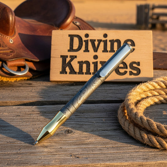 Brass Tip Damascus Rollerball Pen with Polished Steel Clip Section