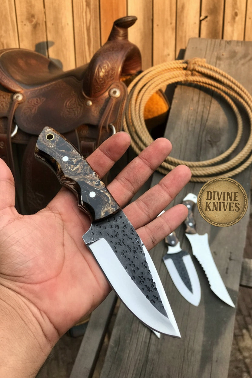 Copper Marble Hammered Skinner Knife with Black Hammered Blade