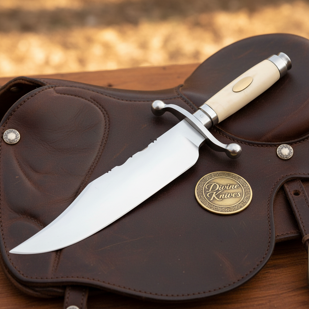 Bone Handle Bowie Knife with Mirror Finished Blade and Hand Stitched Leather Sheath